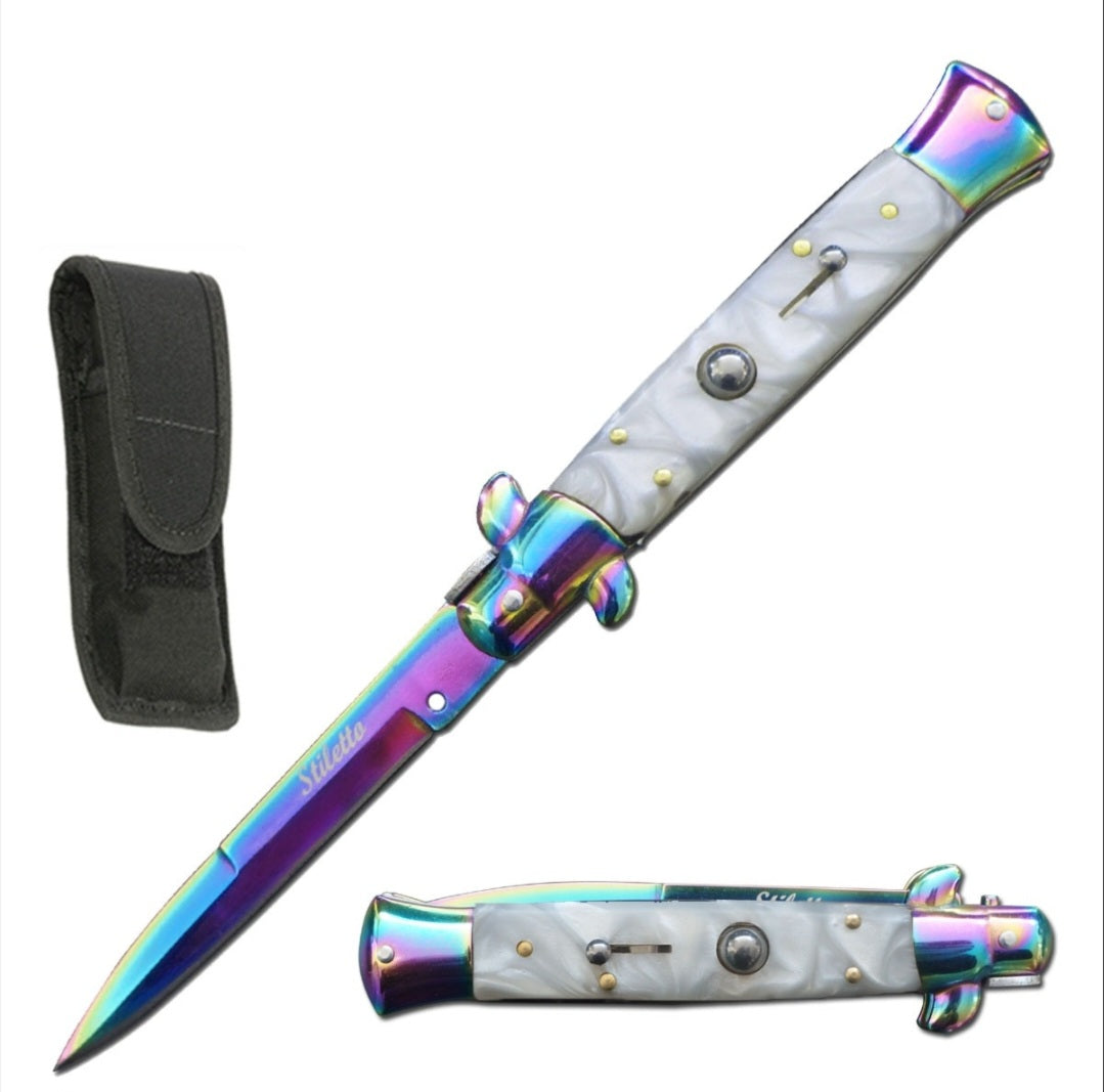 Titanium Italian Stiletto Automatic Knife – White Pearl Handle
