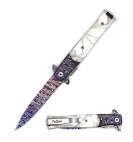 5 inch Stiletto Style Damascus Steel Spring Assist Knife with White Pearl Handle