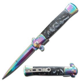 5 inch Closed Rainbow Blade Stiletto Style Spring Assist Knife Black Handle