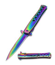 5in Closed Spring Assisted Open Rainbow Stiletto TACTICAL Pocket Knife