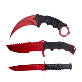 3 Pc Combo CSGO Red Tactical Fixed Blade Knife Set - Karambit, Huntsman, Combat Knife