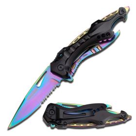 Spring Assist Folding Pocket Knife Serrated Rainbow Survival EDC