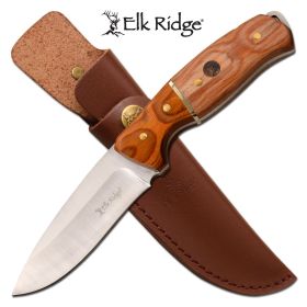 Hunting Knife Drop Point Blade Wood Handle Full Tang + Leather Sheath