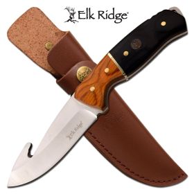 Hunting Knife Gut Hook Blade Black Wood Handle Full Tang + Sheath