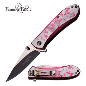 4 Inch Closed Butterfly Design Assisted Opening Knife Pink Silver Handle