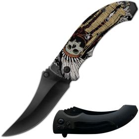 8" Native American Indian Skull Spring Assisted Folding Pocket Knife