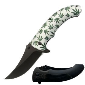 8" Cannabis Marijuana Leaf Spring Assisted Open Folding Pocket Knife White