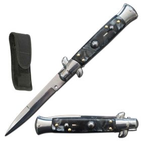 9.75" Italian Milano Stiletto Black Pearl Handle Automatic Knife