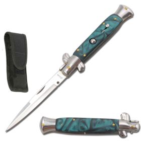 9.75" Italian Milano Stiletto Green Pearl Handle Automatic Knife