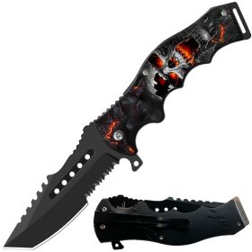 8.5in Tactical Flame Skull Spring Assisted Folding Open Pocket Knife Cleaver Blade