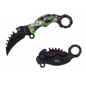 Green Skull Karambit Reverse Sawblade Assist Folding Pocket Knife