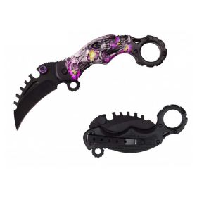 Pink Skull Karambit Reverse Sawblade Spring Assist Folding Pocket Knife