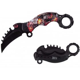 Red Skull Karambit Reverse Sawblade Spring Folding Pocket Knife