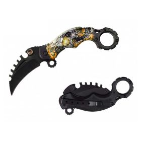 Yellow Skull Karambit Reverse Sawblade Spring Folding Pocket Knife