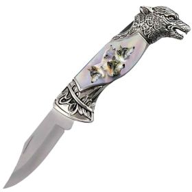 8" Overall Wolf Head Lockback Folding Pocket Knife in a Gift Box Style-10